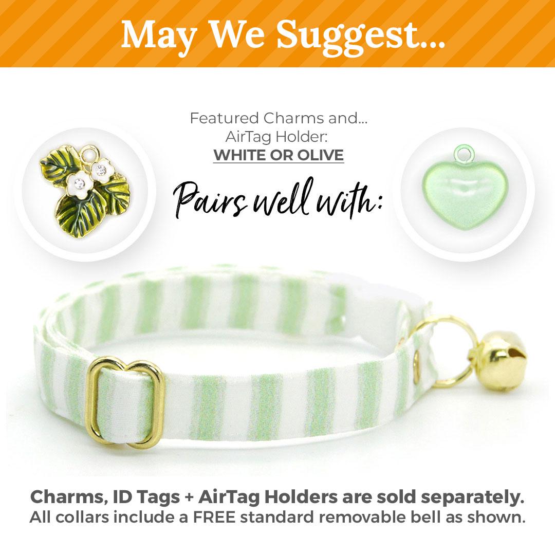 Cat Collar and Bunny Ear Bow Set - "Veranda - Green" - Light Green Striped Cat Collar w/ Matching Bunny Bow Tie / Spring, Summer, Seersucker Stripes / Cat, Kitten + Small Dog Sizes