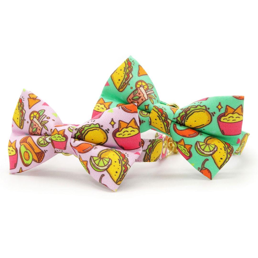 Taco Cat Bow Tie - "Taco Time - Green" - Mexican Food Bow Tie for Cat Collar / Burrito, Margarita, Cinco de Mayo, Fiesta, Fun / Cat, Kitten + Small Dog Bowtie