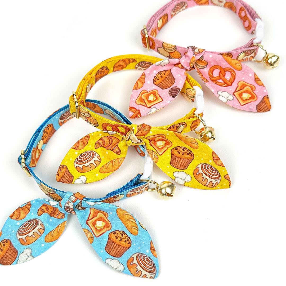 Cat Collar + Bunny Ear Bow Set - "Bakery Bliss - Yellow" - Pastries & Bread Cat Collar w/ Matching Bunny Bow Tie / Breakfast Food, Toast, Biscuits, Cinnamon Roll, Pretzel, Muffin, Bagel / Tie-On Scarf / Cat, Kitten + Small Dog Sizes