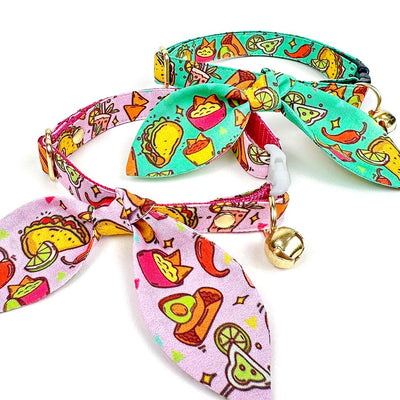 Cat Collar + Bunny Ear Bow Set - "Taco Time - Pink" - Mexican Food Taco Cat Collar w/ Matching Bunny Bow Tie / Fiesta Fun, Cinco de Mayo, Margarita, Burrito, Queso, Chili Pepper / Tie-On Scarf / Cat, Kitten + Small Dog Sizes