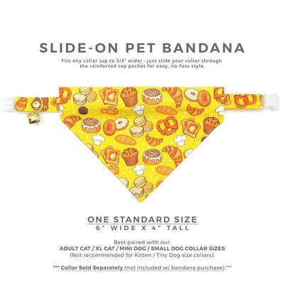 Bakery Cat Bandana - "Bakery Bliss - Yellow" - Bread & Pastries Bandana for Cat + Small Dog / Toast, Biscuit, Breakfast Food, Muffin, Cinnamon Roll, Pretzel / Slide-on Bandana