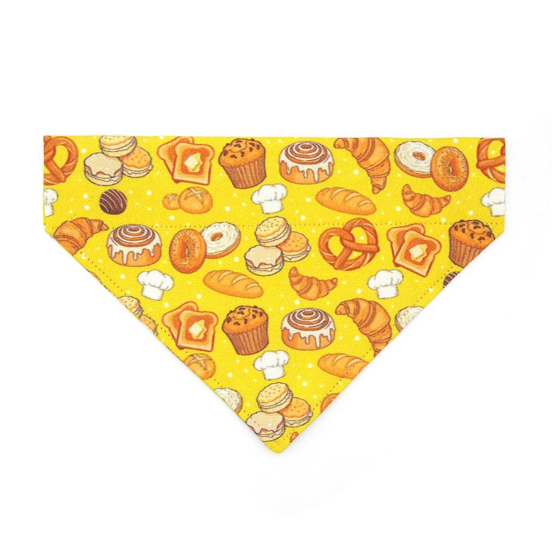Bakery Cat Bandana - "Bakery Bliss - Yellow" - Bread & Pastries Bandana for Cat + Small Dog / Toast, Biscuit, Breakfast Food, Muffin, Cinnamon Roll, Pretzel / Slide-on Bandana