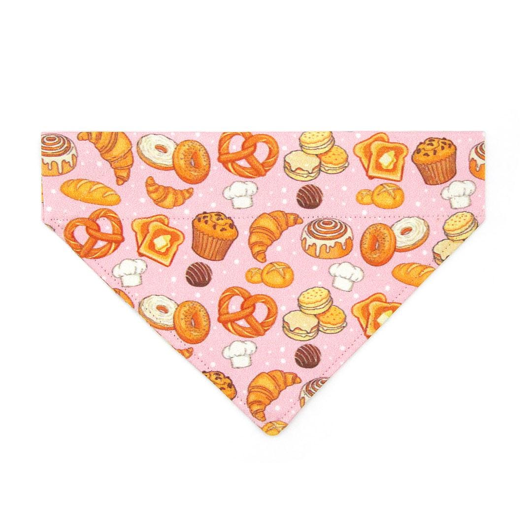 Bakery Cat Bandana - "Bakery Bliss - Pink" - Bread & Pastries Bandana for Cat + Small Dog / Toast, Biscuit, Dessert, Food, Muffin, Cinnamon Roll, Pretzel / Slide-on Bandana