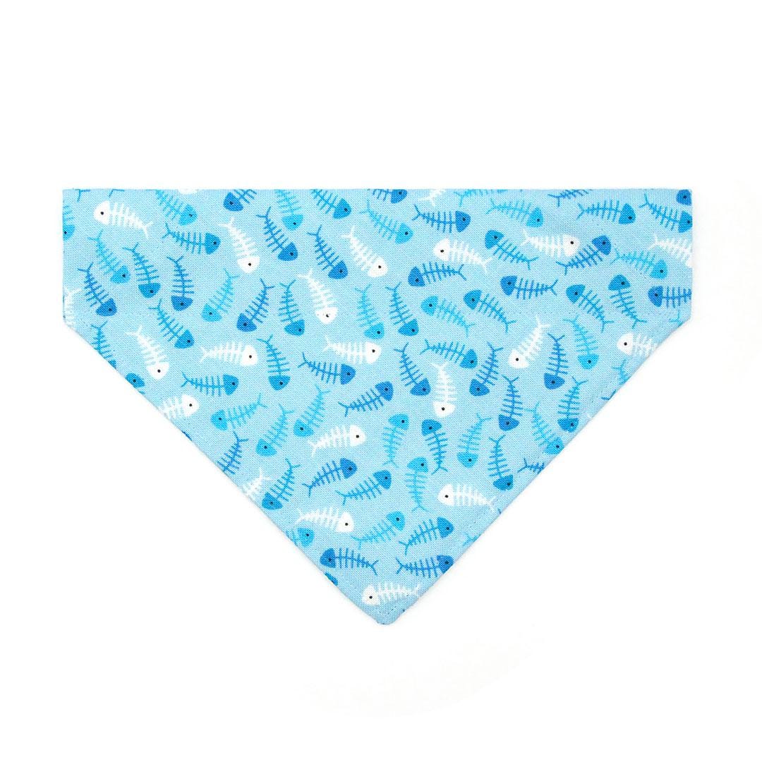 Fish Cat Bandana - "Go Fish" - Ocean Blue Bandana for Cat + Small Dog / Fishing, Fish Bone, Sardine, Seafood, Sea / Slide-on Bandana