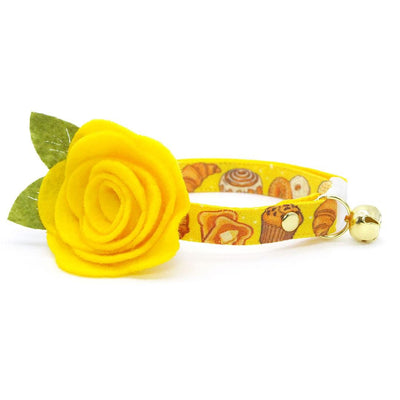 Bakery Cat Collar - "Bakery Bliss - Yellow" - Toast, Pretzel, Bread, Muffin, Bagel, Croissant, Food, Biscuit Cat Collar / Breakaway Buckle or Non-Breakaway / Cat, Kitten + Small Dog Sizes