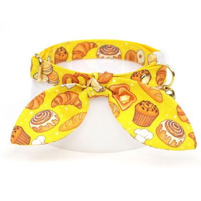 Bakery Cat Collar - "Bakery Bliss - Yellow" - Toast, Pretzel, Bread, Muffin, Bagel, Croissant, Food, Biscuit Cat Collar / Breakaway Buckle or Non-Breakaway / Cat, Kitten + Small Dog Sizes