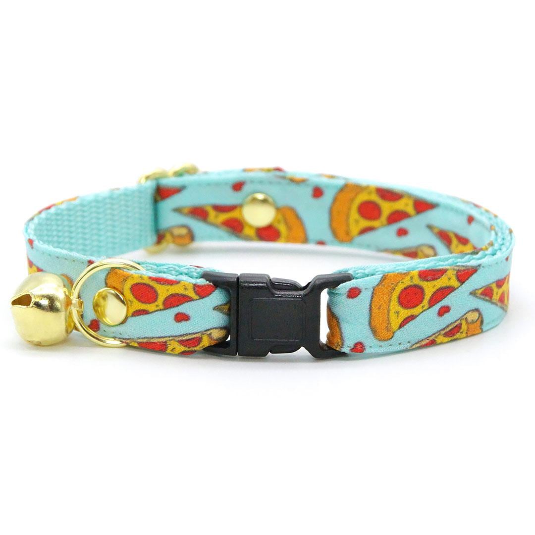 Pizza Bow Tie Cat Collar Set - "Pizza Party" - Blue Yellow & Red Fun Food Cat Collar with Bow Tie / Cat, Kitten, Small Dog Sizes