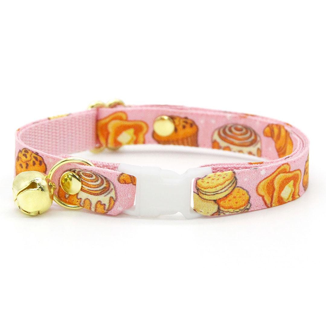 Bakery Bow Tie Cat Collar Set - "Bakery Bliss - Pink" - Pastries & Bread Cat Collar with Bow Tie / Toast, Biscuit, Bagel, Dessert, Food, Muffin, Cinnamon Roll, Pretzel / Cat, Kitten, Small Dog Sizes