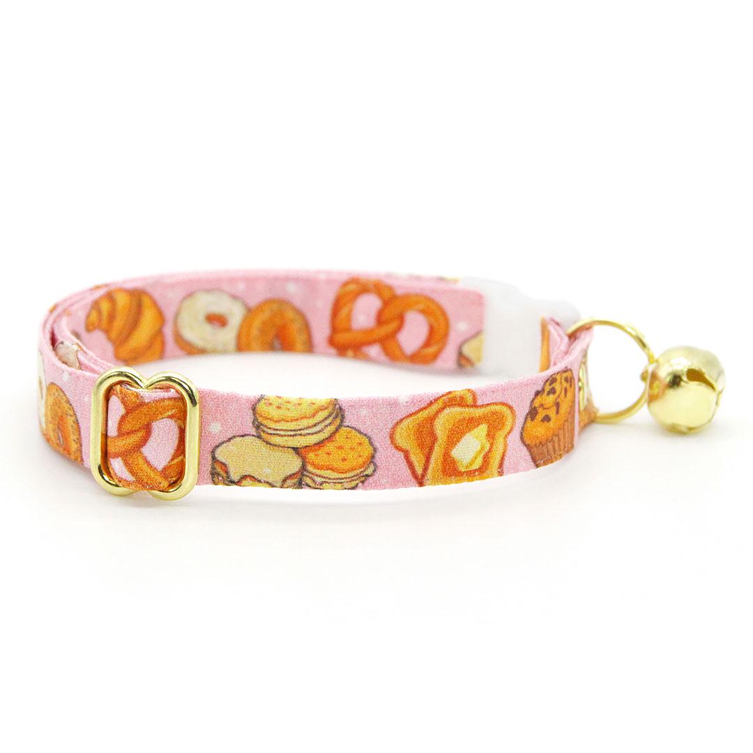Bakery Bow Tie Cat Collar Set - "Bakery Bliss - Pink" - Pastries & Bread Cat Collar with Bow Tie / Toast, Biscuit, Bagel, Dessert, Food, Muffin, Cinnamon Roll, Pretzel / Cat, Kitten, Small Dog Sizes