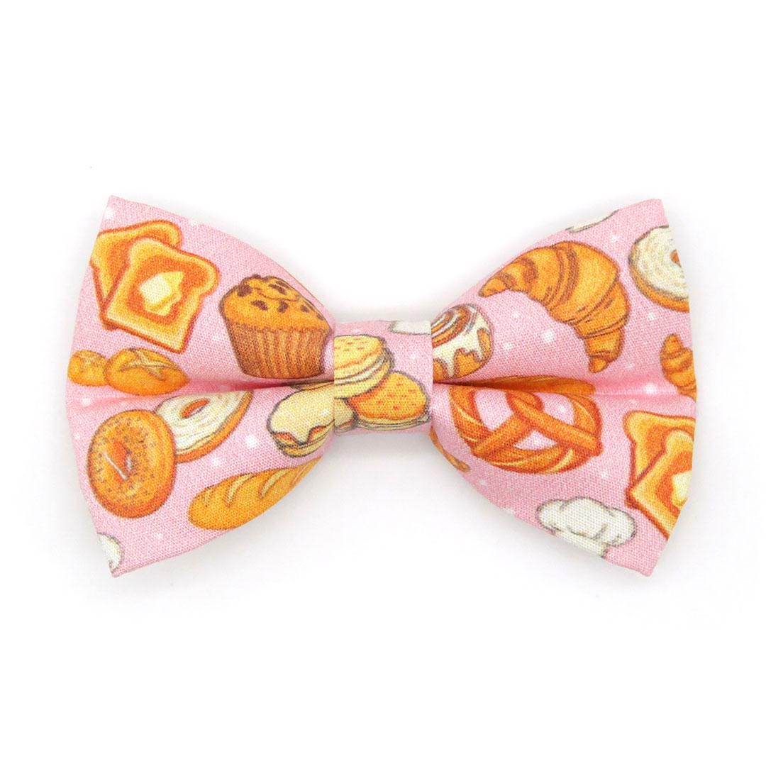 Bakery Bow Tie Cat Collar Set - "Bakery Bliss - Pink" - Pastries & Bread Cat Collar with Bow Tie / Toast, Biscuit, Bagel, Dessert, Food, Muffin, Cinnamon Roll, Pretzel / Cat, Kitten, Small Dog Sizes