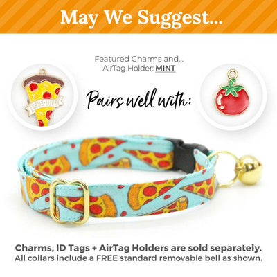 Pizza Bow Tie Cat Collar Set - "Pizza Party" - Blue Yellow & Red Fun Food Cat Collar with Bow Tie / Cat, Kitten, Small Dog Sizes