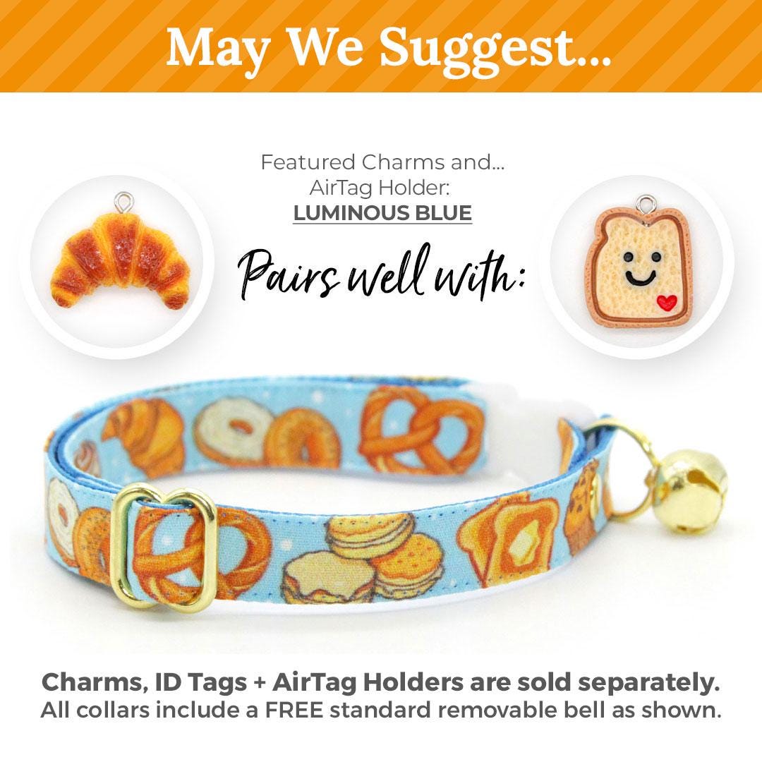 Bakery Cat Collar + Flower Set - "Bakery Bliss - Blue" - Bread, Pretzel, Biscuit, Toast Cat Collar w/ Sky Blue Felt Flower (Detachable) / Cat, Kitten + Small Dog Sizes