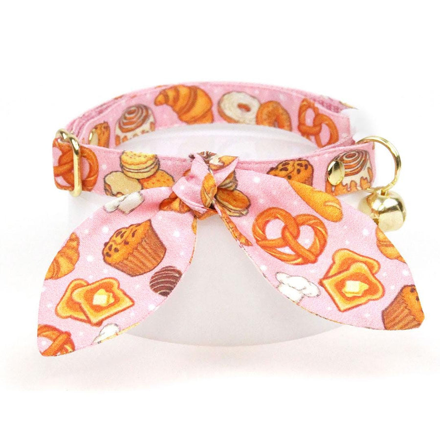 Cat Collar + Bunny Ear Bow Set - "Bakery Bliss - Pink" - Pastries, Bread & Biscuit Cat Collar w/ Matching Bunny Bow Tie / Breakfast Food, Toast, Cinnamon Roll, Pretzel, Muffin, Bagel / Tie-On Scarf / Cat, Kitten + Small Dog Sizes