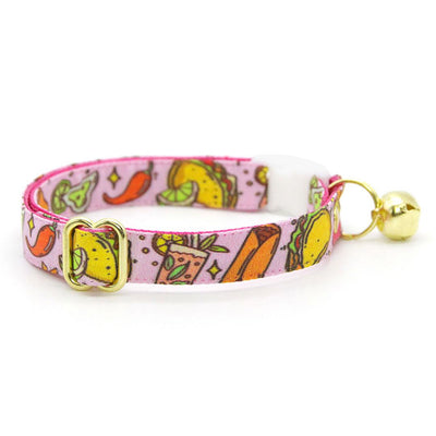 Cat Collar + Bunny Ear Bow Set - "Taco Time - Pink" - Mexican Food Taco Cat Collar w/ Matching Bunny Bow Tie / Fiesta Fun, Cinco de Mayo, Margarita, Burrito, Queso, Chili Pepper / Tie-On Scarf / Cat, Kitten + Small Dog Sizes