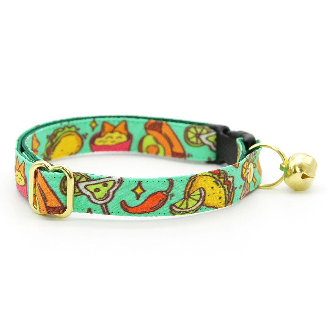 Cat Collar + Bunny Ear Bow Set - "Taco Time - Green" - Mexican Food Taco Cat Collar w/ Matching Bunny Bow Tie / Fiesta Fun, Cinco de Mayo, Margarita, Burrito, Queso, Chili Pepper / Tie-On Scarf / Cat, Kitten + Small Dog Sizes
