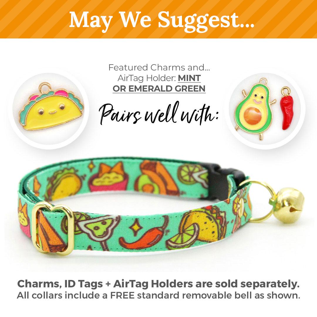 Cat Collar + Bunny Ear Bow Set - "Taco Time - Green" - Mexican Food Taco Cat Collar w/ Matching Bunny Bow Tie / Fiesta Fun, Cinco de Mayo, Margarita, Burrito, Queso, Chili Pepper / Tie-On Scarf / Cat, Kitten + Small Dog Sizes