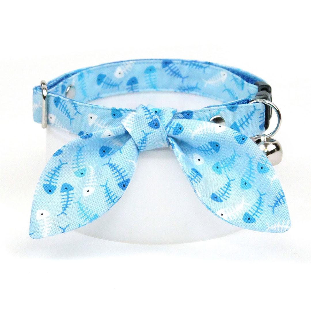 Cat Collar + Bunny Ear Bow Set - "Go Fish" - Ocean Blue Fish Cat Collar w/ Matching Bunny Bow Tie / Sardines, Sea, Seafood, Fishing / Tie-On Scarf / Cat, Kitten + Small Dog Sizes