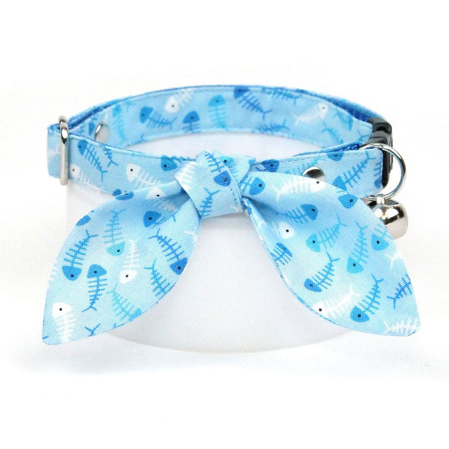 Cat Collar + Bunny Ear Bow Set - "Go Fish" - Ocean Blue Fish Cat Collar w/ Matching Bunny Bow Tie / Sardines, Sea, Seafood, Fishing / Tie-On Scarf / Cat, Kitten + Small Dog Sizes