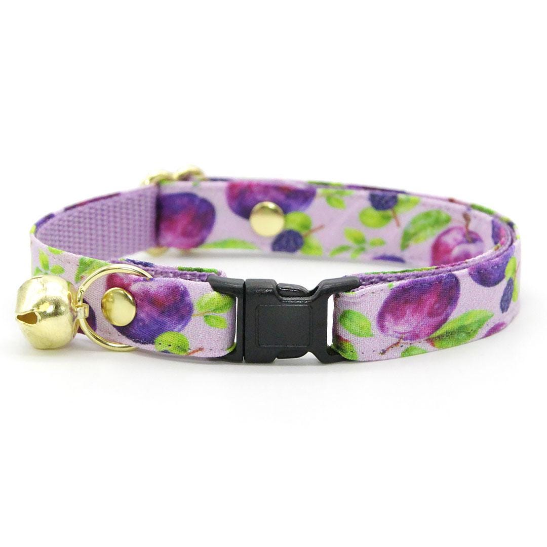 Cat Collar + Bunny Ear Bow Set - "Wild Plum" - Purple Blackberries & Plum Cat Collar w/ Matching Bunny Bow Tie / Fruit, Lilac, Lavender, Floral / Tie-On Scarf / Cat, Kitten + Small Dog Sizes