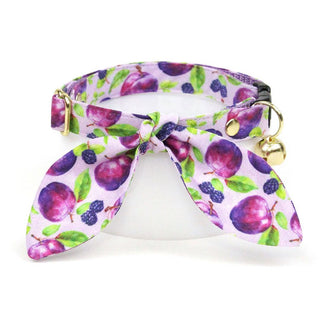 Cat Collar & Bunny Ear Bow Set - "Wild Plum" - Purple Blackberries & Plum Cat Collar w/ Matching Bunny Bow Tie / Fruit, Lilac, Lavender, Floral / Tie-On Scarf / Cat, Kitten + Small Dog Sizes - Kitten (6-10) / Breakaway / Gold