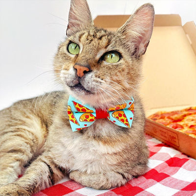 Pizza Bow Tie Cat Collar Set - "Pizza Party" - Blue Yellow & Red Fun Food Cat Collar with Bow Tie / Cat, Kitten, Small Dog Sizes