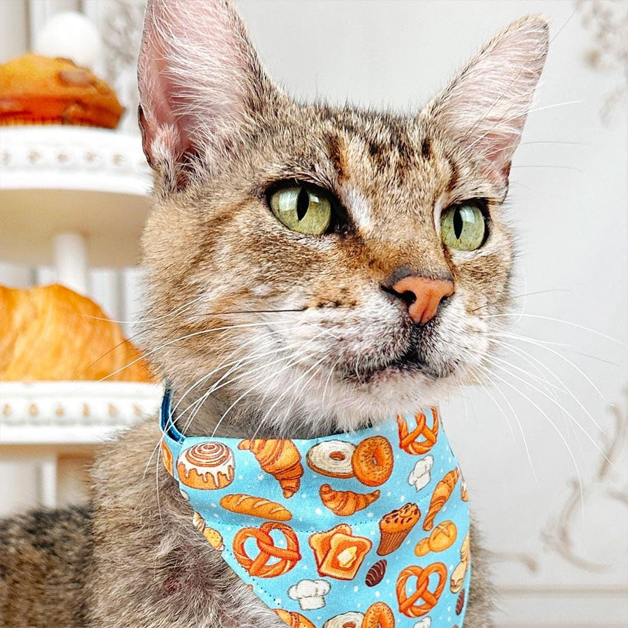 Bakery Cat Bandana - "Bakery Bliss - Blue" - Bread & Pastries Bandana for Cat + Small Dog / Toast, Biscuit, Breakfast Food, Muffin, Cinnamon Roll, Pretzel / Slide-on Bandana