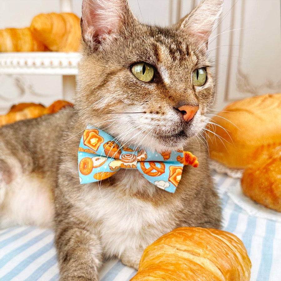 Bakery Bow Tie Cat Collar Set - "Bakery Bliss - Blue" - Pastries & Bread Cat Collar with Bow Tie / Toast, Biscuit, Bagel, Breakfast Food, Muffin, Cinnamon Roll, Pretzel / Cat, Kitten, Small Dog Sizes