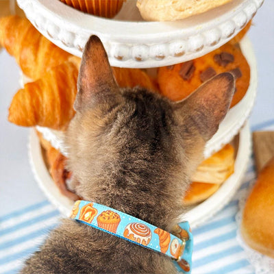 Bakery Cat Collar + Flower Set - "Bakery Bliss - Blue" - Bread, Pretzel, Biscuit, Toast Cat Collar w/ Sky Blue Felt Flower (Detachable) / Cat, Kitten + Small Dog Sizes