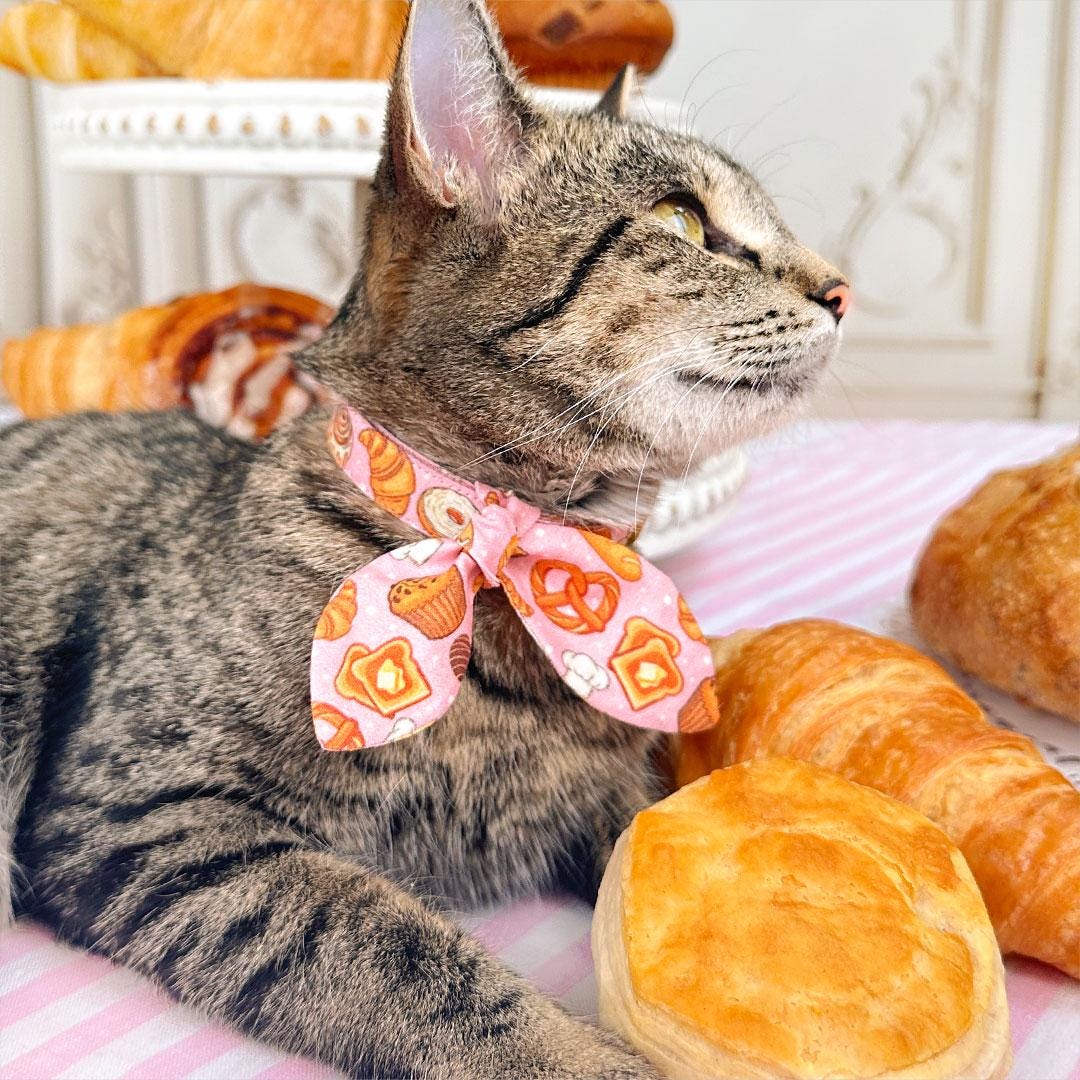 Bakery Cat Collar - "Bakery Bliss - Pink" - Biscuit, Cinnamon Roll, Toast, Muffin, Bagel, Croissant, Food, Pretzel Cat Collar / Breakaway Buckle or Non-Breakaway / Cat, Kitten + Small Dog Sizes