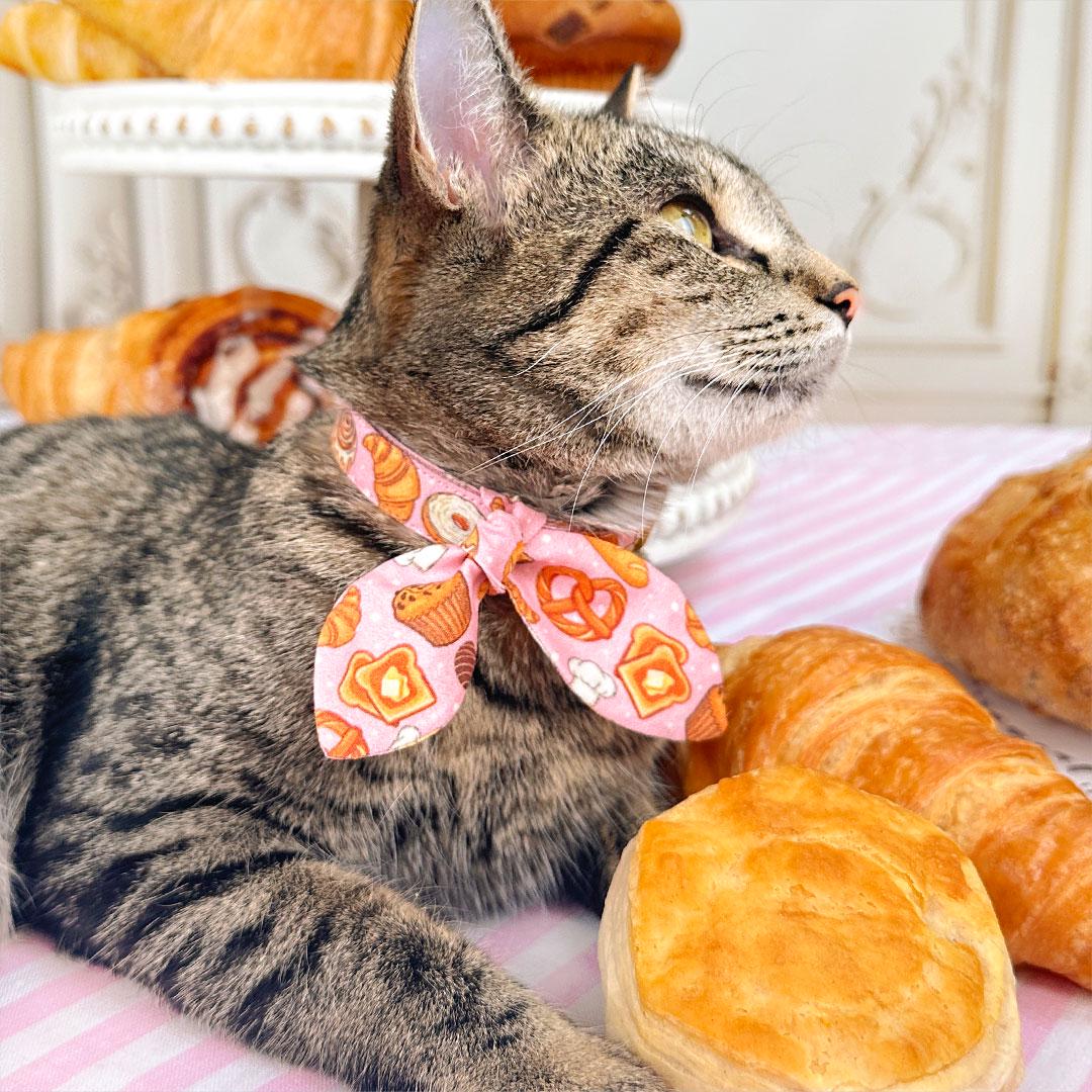 Cat Collar + Bunny Ear Bow Set - "Bakery Bliss - Pink" - Pastries, Bread & Biscuit Cat Collar w/ Matching Bunny Bow Tie / Breakfast Food, Toast, Cinnamon Roll, Pretzel, Muffin, Bagel / Tie-On Scarf / Cat, Kitten + Small Dog Sizes
