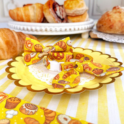 Bakery Bow Tie Cat Collar Set - "Bakery Bliss - Yellow" - Pastries & Bread Cat Collar with Bow Tie / Toast, Biscuit, Bagel, Breakfast Food, Muffin, Cinnamon Roll, Pretzel / Cat, Kitten, Small Dog Sizes