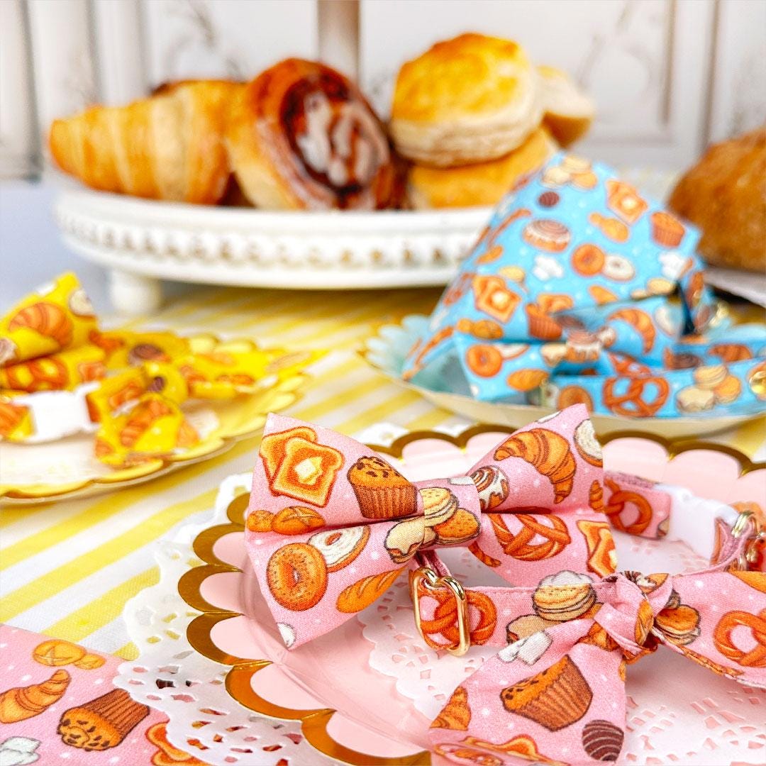 Bakery Cat Bow Tie - "Bakery Bliss - Pink" - Cinnamon Roll, Bread, Dessert, Pretzel, Food, Toast, Biscuit Bow Tie for Cat Collar / Cat, Kitten + Small Dog Bowtie