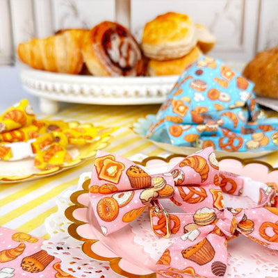 Bakery Cat Bow Tie - "Bakery Bliss - Pink" - Cinnamon Roll, Bread, Dessert, Pretzel, Food, Toast, Biscuit Bow Tie for Cat Collar / Cat, Kitten + Small Dog Bowtie