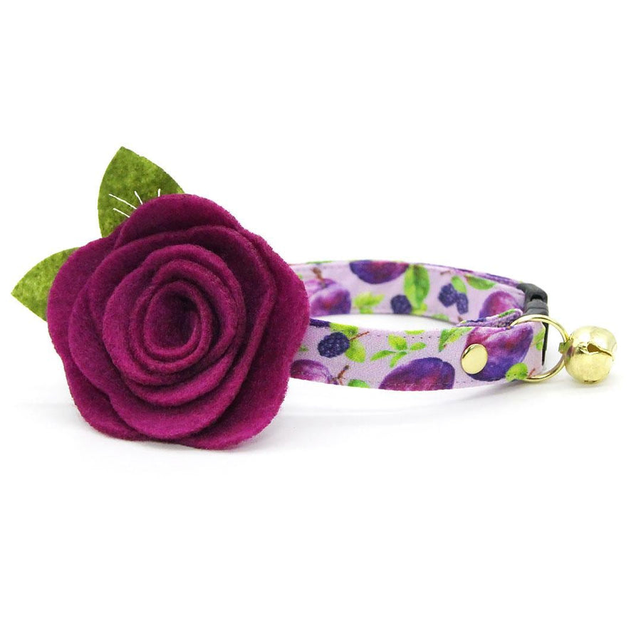 Plum Cat Collar + Flower Set - "Wild Plum" - Blackberries Cat Collar w/ Plum Purple Felt Flower (Detachable) / Cat, Kitten + Small Dog Sizes