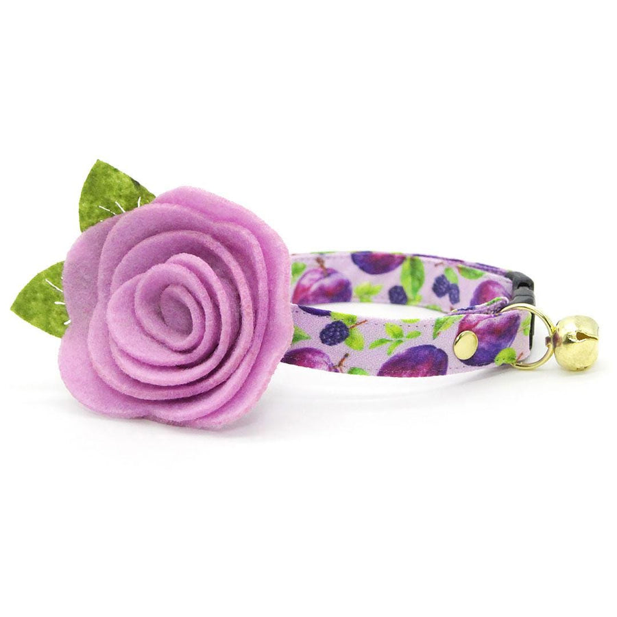 Plum Cat Collar + Flower Set - "Wild Plum" - Purple Fruit Cat Collar w/ Lavender Felt Flower (Detachable) / Cat, Kitten + Small Dog Sizes