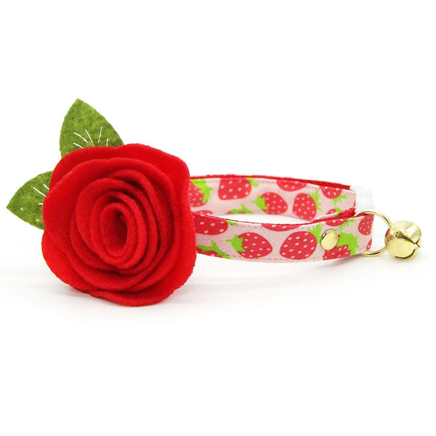 Strawberry Cat Collar + Flower Set - "Strawberry Patch" - Berry Fruit Cat Collar w/ Scarlet Red Felt Flower (Detachable) / Cat, Kitten + Small Dog Sizes