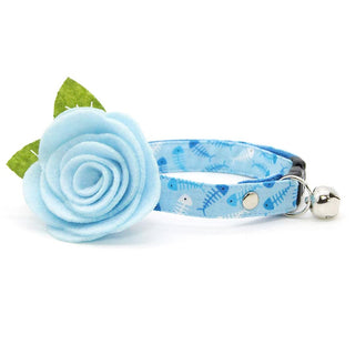 Fish Cat Collar + Flower Set - "Go Fish" - Ocean Blue Cat Collar w/ Sky Blue Felt Flower (Detachable) / Cat, Kitten + Small Dog Sizes - Adult Cat (8-13) / Breakaway / Silver