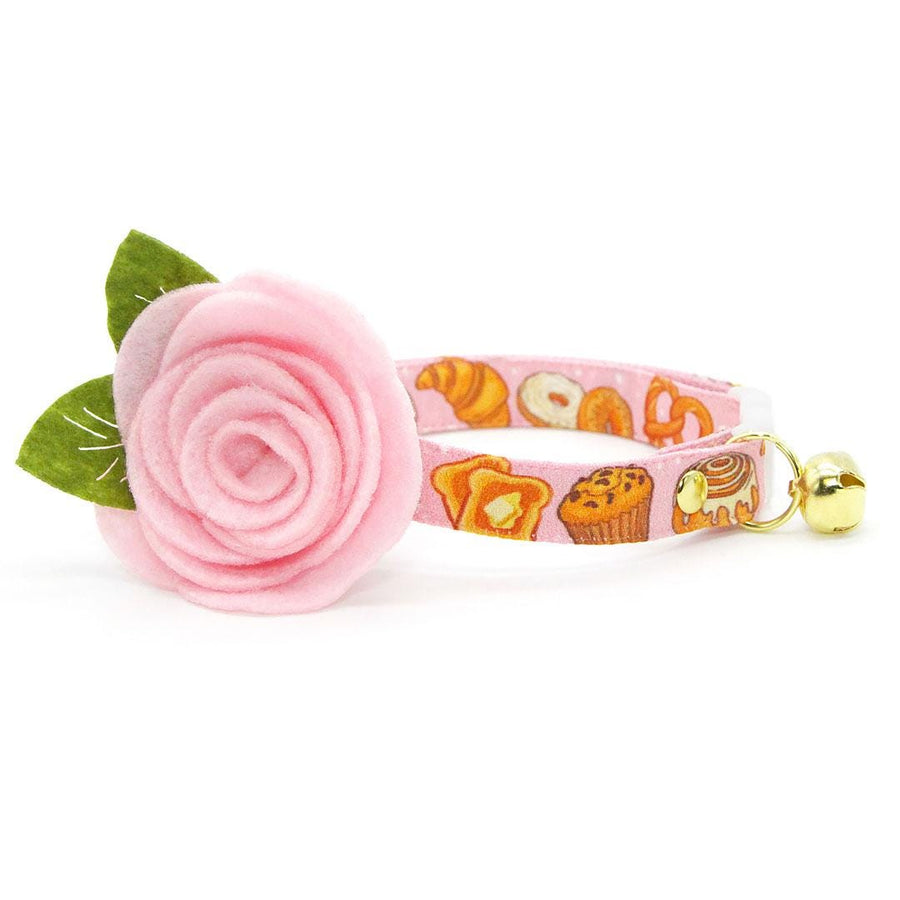 Bakery Cat Collar + Flower Set - "Bakery Bliss - Pink" - Toast, Dessert, Cinnamon Roll, Pretzel Cat Collar w/ Baby Pink Felt Flower (Detachable) / Cat, Kitten + Small Dog Sizes