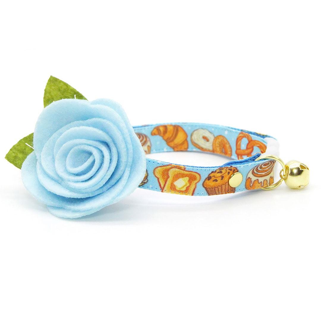 Bakery Cat Collar + Flower Set - "Bakery Bliss - Blue" - Bread, Pretzel, Biscuit, Toast Cat Collar w/ Sky Blue Felt Flower (Detachable) / Cat, Kitten + Small Dog Sizes