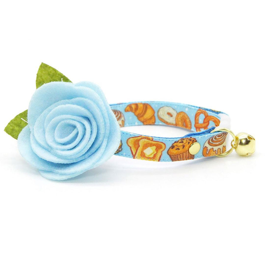 Bakery Cat Collar + Flower Set - "Bakery Bliss - Blue" - Bread, Pretzel, Biscuit, Toast Cat Collar w/ Sky Blue Felt Flower (Detachable) / Cat, Kitten + Small Dog Sizes