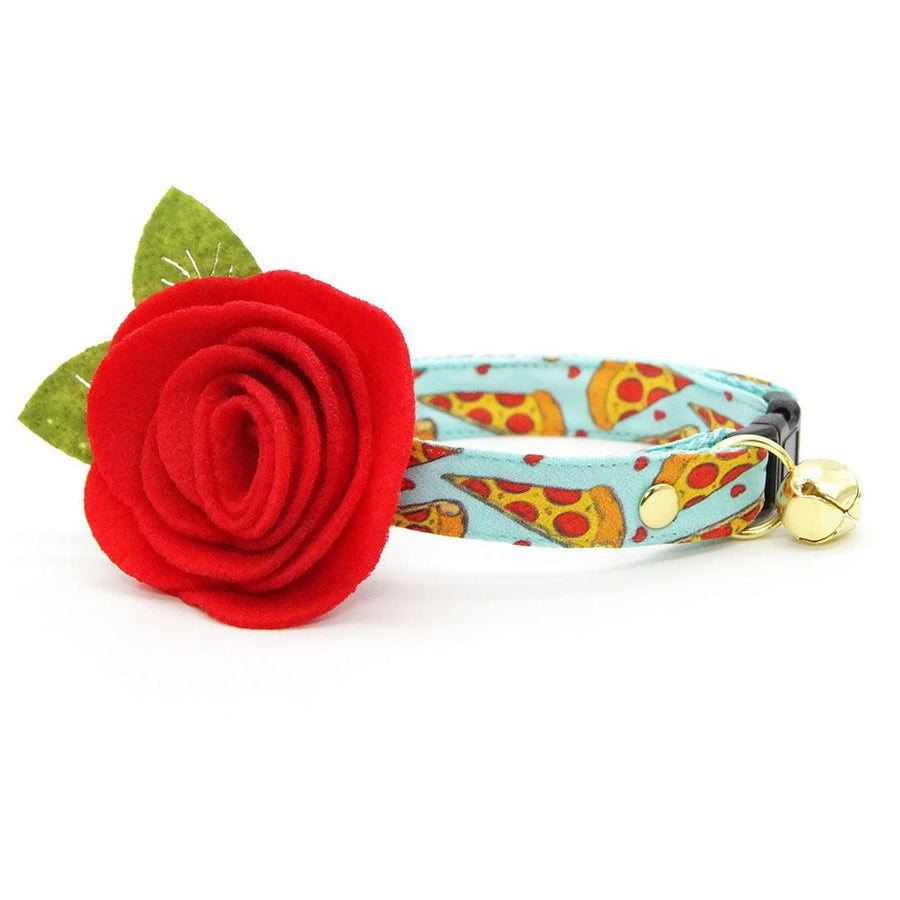 Pizza Cat Collar + Flower Set - "Pizza Party" - Fun Food Cat Collar w/ Scarlet Red Felt Flower (Detachable) / Cat, Kitten + Small Dog Sizes