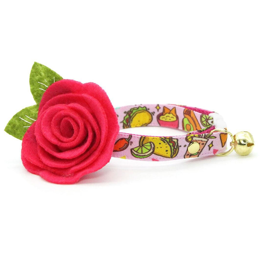 Taco Cat Collar + Flower Set - "Taco Time - Pink" - Mexican Food Cat Collar w/ Fuchsia Felt Flower (Detachable) / Cat, Kitten + Small Dog Sizes