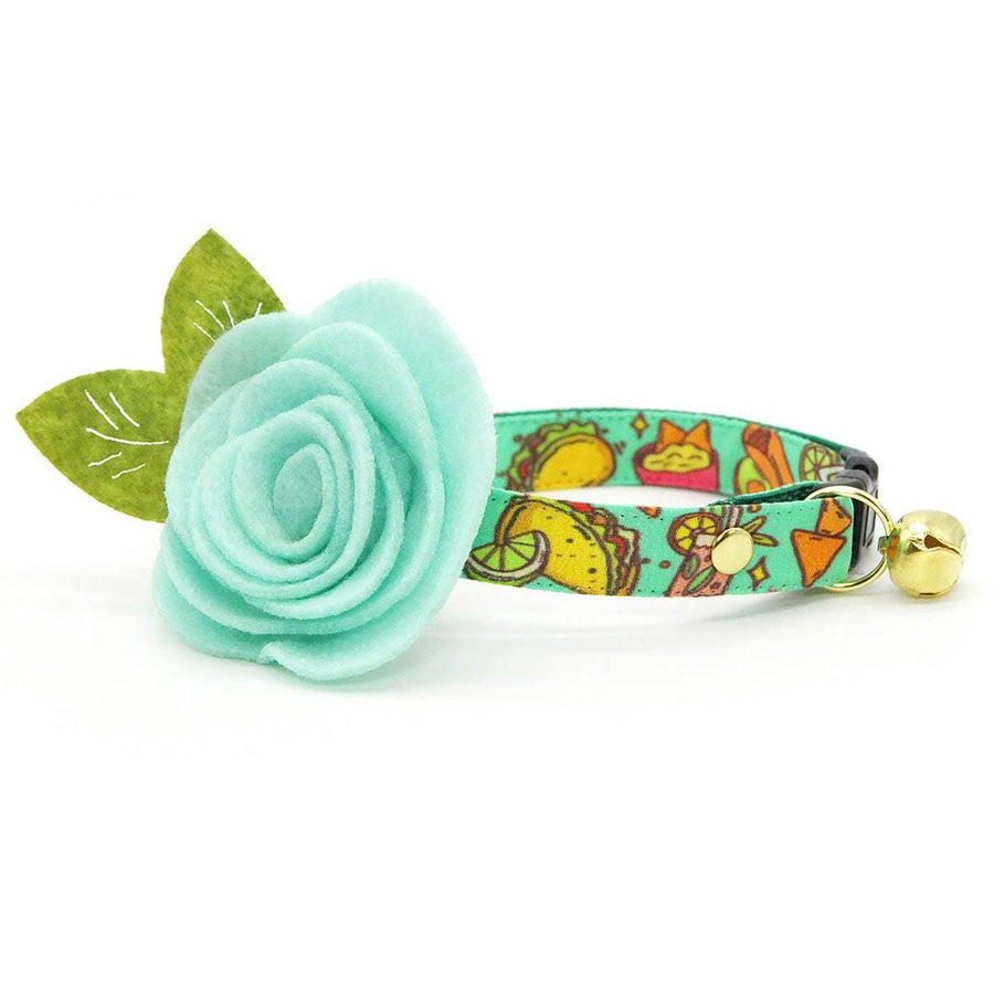 Taco Cat Collar + Flower Set - "Taco Time - Green" - Mexican Food Cat Collar w/ Mint Felt Flower (Detachable) / Cat, Kitten + Small Dog Sizes