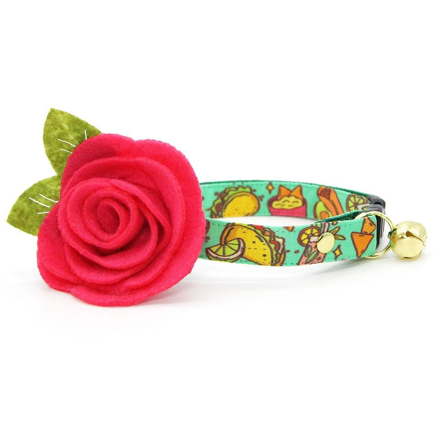 Taco Cat Collar + Flower Set - "Taco Time - Green" - Mexican Food Cat Collar w/ Fuchsia Felt Flower (Detachable) / Cat, Kitten + Small Dog Sizes