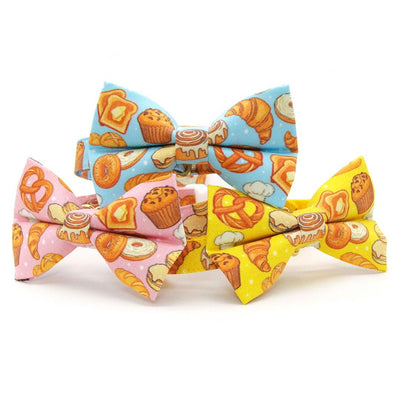 Bakery Cat Bow Tie - "Bakery Bliss - Yellow" - Breakfast Food, Bread, Pretzel, Muffin, Bagel Toast Bow Tie for Cat Collar / Cat, Kitten + Small Dog Bowtie