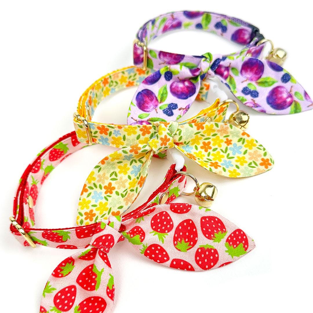 Cat Collar + Bunny Ear Bow Set - "Strawberry Patch" - Strawberry Cat Collar w/ Matching Bunny Bow Tie / Red Berry Fruit, Summer / Tie-On Scarf / Cat, Kitten + Small Dog Sizes