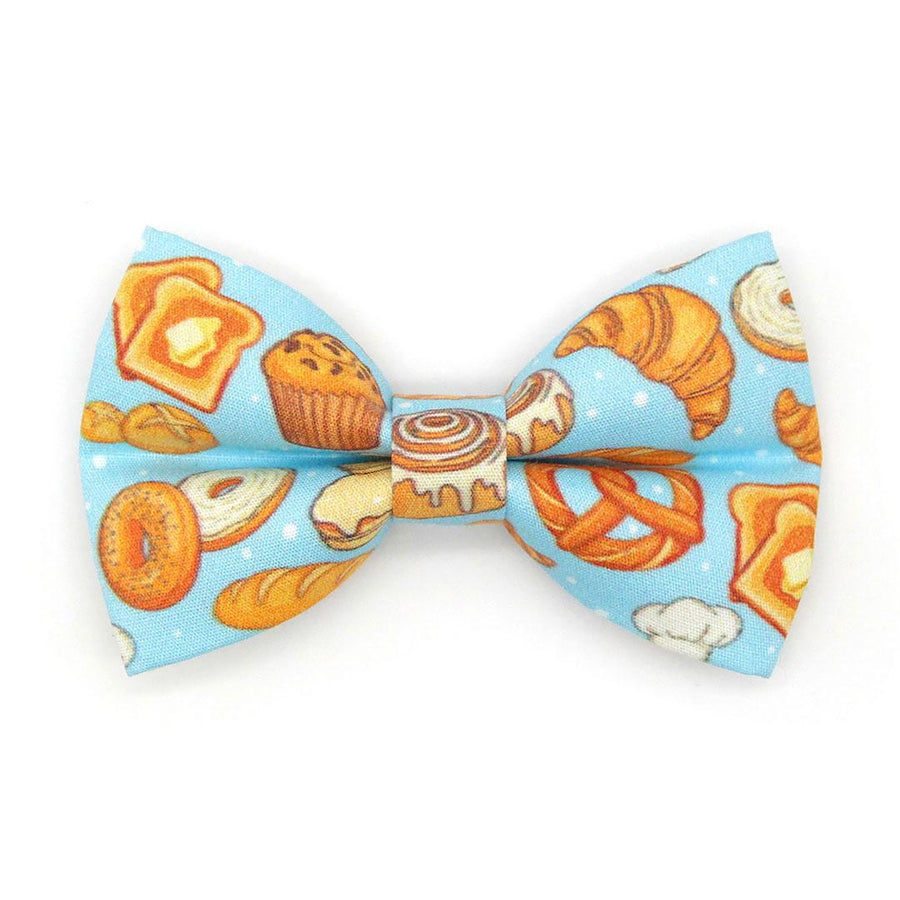 Bakery Cat Bow Tie - "Bakery Bliss - Blue" - Pretzel, Toast, Bagel, Breakfast, Biscuit, Dessert, Food Bow Tie for Cat Collar / Cat, Kitten + Small Dog Bowtie