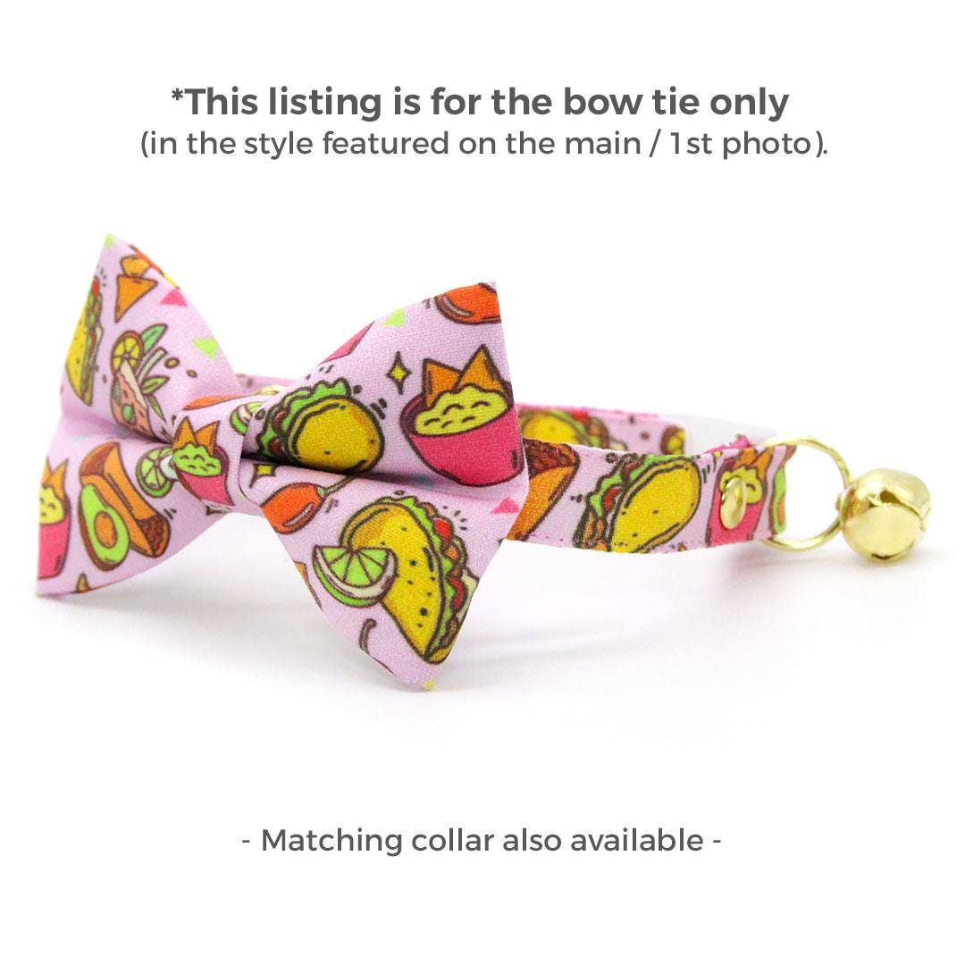 Taco Cat Bow Tie - "Taco Time - Pink" - Mexican Food Bow Tie for Cat Collar / Burrito, Margarita, Cinco de Mayo, Fiesta, Fun / Cat, Kitten + Small Dog Bowtie