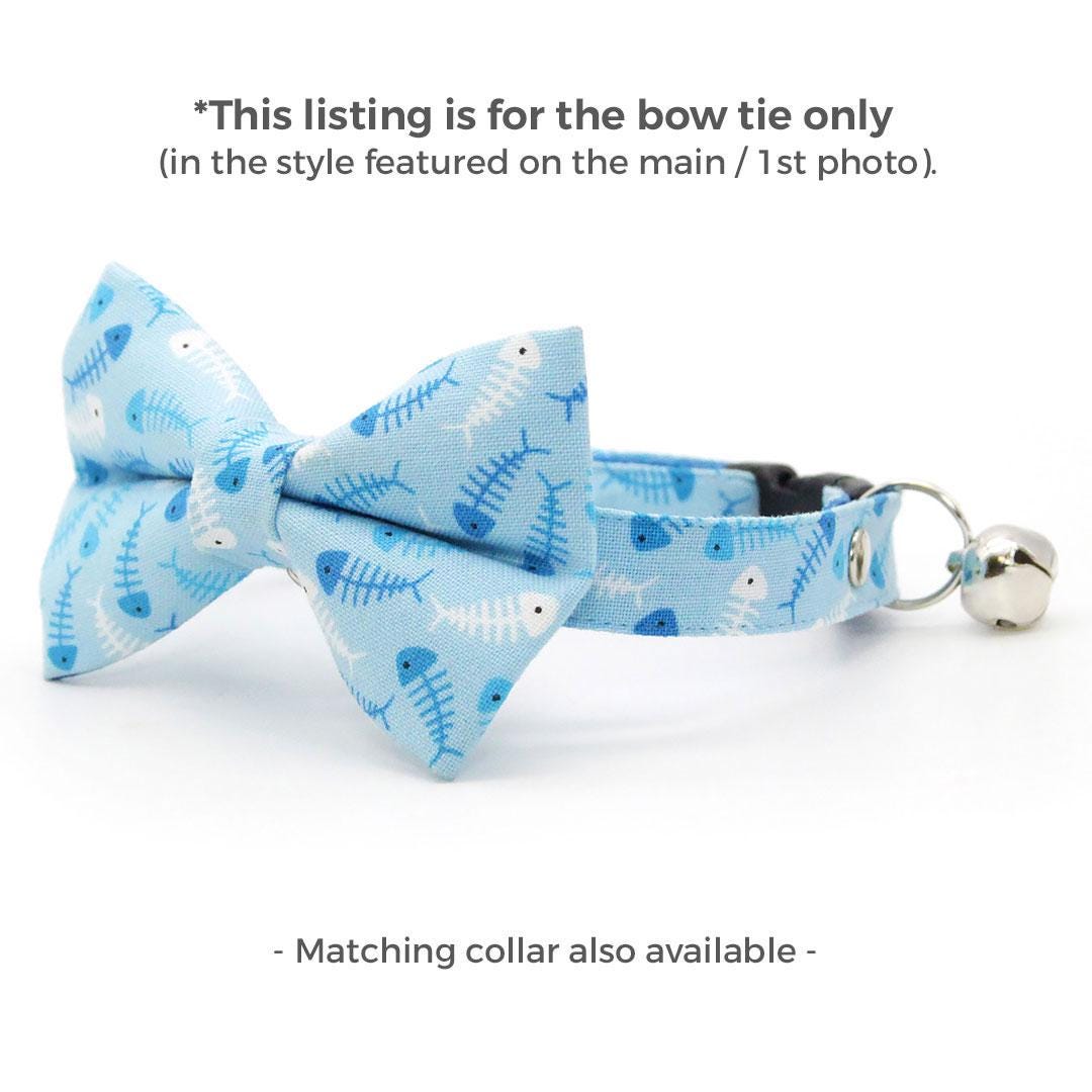 Fish Cat Bow Tie - "Go Fish" - Ocean Blue Bow Tie for Cat Collar / Fishing, Sardines, Sea, Seafood, Fish Bone / Cat, Kitten + Small Dog Bowtie