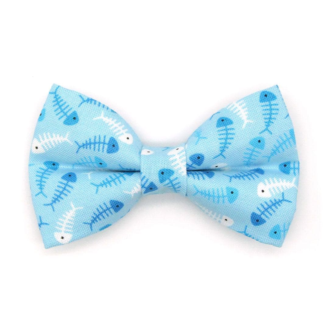 Fish Cat Bow Tie - "Go Fish" - Ocean Blue Bow Tie for Cat Collar / Fishing, Sardines, Sea, Seafood, Fish Bone / Cat, Kitten + Small Dog Bowtie